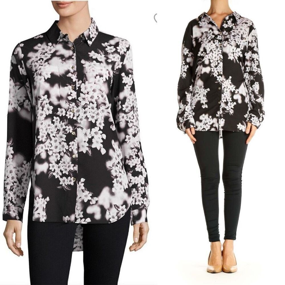 Calvin Klein Black Whit Gray Floral Print Blouse‎ Medium